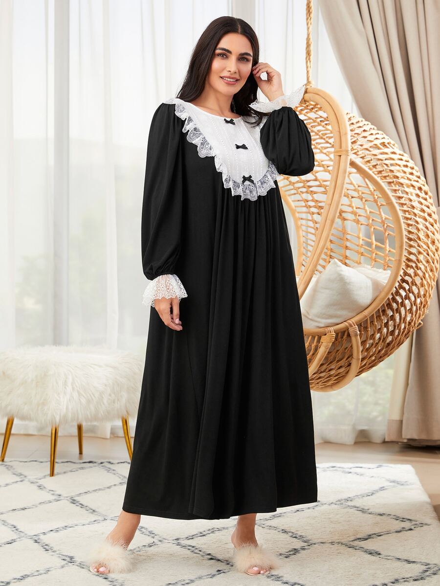 SHEIN Unity Contrast Lace Bow Front Flounce Sleeve Night Dress - Black - View 1