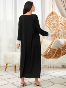 SHEIN Unity Contrast Lace Bow Front Flounce Sleeve Night Dress - Black - View 2