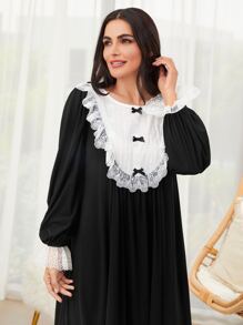 SHEIN Unity Contrast Lace Bow Front Flounce Sleeve Night Dress - Black - View 3