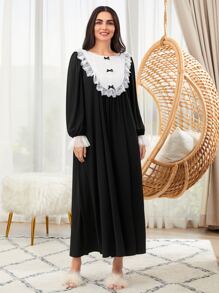 SHEIN Unity Contrast Lace Bow Front Flounce Sleeve Night Dress - Black - View 4