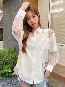 DAZY Contrast Mesh Drop Shoulder Shirt - White - View 1