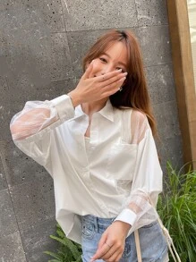 DAZY Contrast Mesh Drop Shoulder Shirt - White - View 5