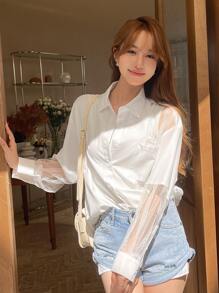 DAZY Contrast Mesh Drop Shoulder Shirt - White - View 6