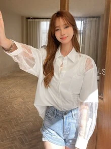 DAZY Contrast Mesh Drop Shoulder Shirt - White - View 7