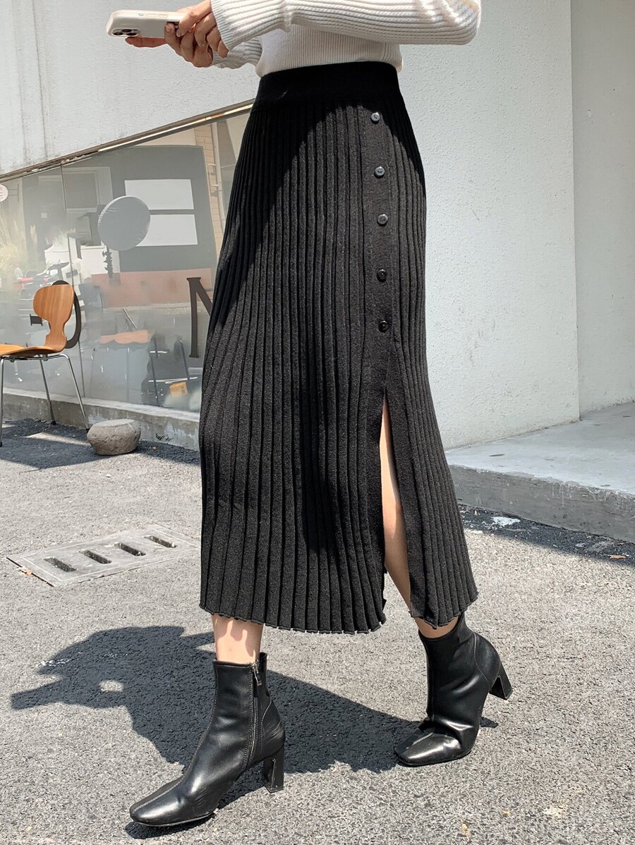 DAZY High Waist Single Breasted Slit Knit Skirt Thermal Lined Fall,Winter - Black - View 1