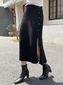 DAZY High Waist Single Breasted Slit Knit Skirt Thermal Lined Fall,Winter - Black - View 3