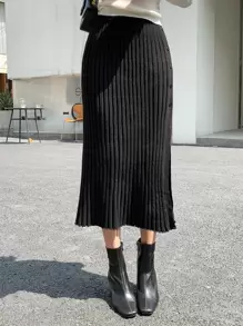 DAZY High Waist Single Breasted Slit Knit Skirt Thermal Lined Fall,Winter - Black - View 4