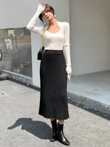 DAZY High Waist Single Breasted Slit Knit Skirt Thermal Lined Fall,Winter - Black - View 5