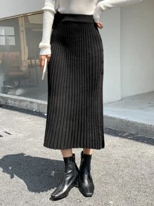 DAZY High Waist Single Breasted Slit Knit Skirt Thermal Lined Fall,Winter - Black - View 8