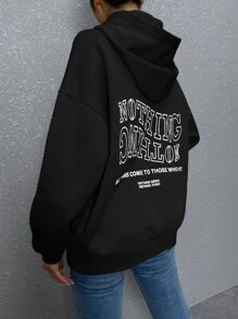 SHEIN Unity 標語圖案落肩袖連帽衫 - 黑色 - 查看 4