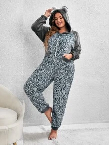 Plus Leopard Print 3D Ears Design Zipper Front Hooded Jumpsuit - Grey - View 1