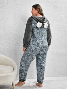 Plus Leopard Print 3D Ears Design Zipper Front Hooded Jumpsuit - Grey - View 2