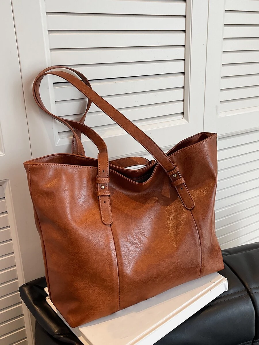 Minimalist Shoulder Tote Bag - Brown - View 1