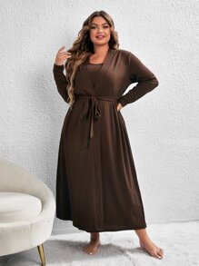 unicolor Bata con cinturón & Vestido de tirantes Conjunto de pijama - Marrón Chocolate - Ver 3