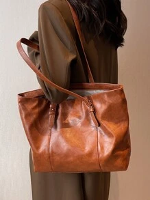 Minimalist Shoulder Tote Bag - Brown - View 2