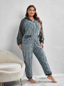 Plus Leopard Print 3D Ears Design Zipper Front Hooded Jumpsuit - Grey - View 4