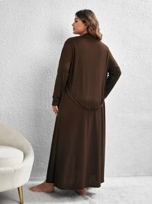 unicolor Bata con cinturón & Vestido de tirantes Conjunto de pijama - Marrón Chocolate - Ver 2