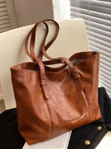 Minimalist Shoulder Tote Bag - Brown - View 4