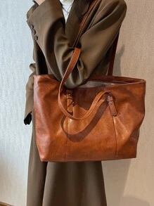 Minimalist Shoulder Tote Bag - Brown - View 5
