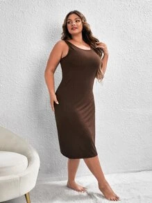 unicolor Bata con cinturón & Vestido de tirantes Conjunto de pijama - Marrón Chocolate - Ver 4