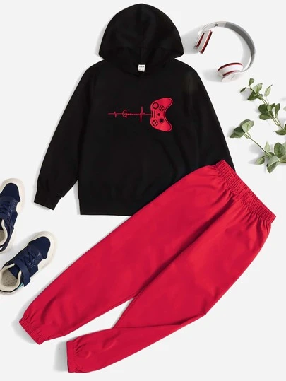 SHEIN Boys Gamepad & Letter Graphic Hoodie & Pants
