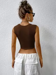 SHEIN Essnce Ribbed Knit Crop Tank Top - Coffee Brown - View 2