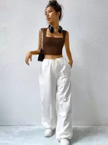 SHEIN Essnce Ribbed Knit Crop Tank Top - Coffee Brown - View 4