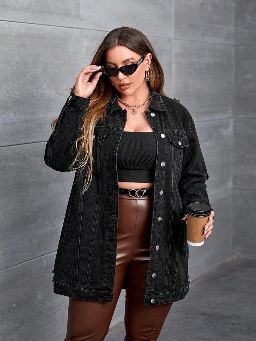 SHEIN Essnce Cazadora mezclilla de hombros caídos con bolsillo con solapa - Negro - Ver 1