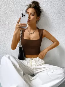 SHEIN Essnce Ribbed Knit Crop Tank Top - Coffee Brown - View 6