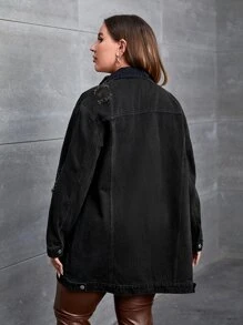 SHEIN Essnce Cazadora mezclilla de hombros caídos con bolsillo con solapa - Negro - Ver 2