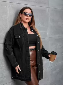 SHEIN Essnce Cazadora mezclilla de hombros caídos con bolsillo con solapa - Negro - Ver 5