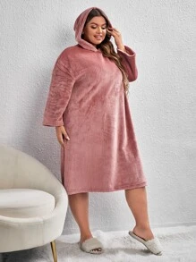 Plus Drop Shoulder Hooded Flannel Nightdress - Dusty Pink - View 4