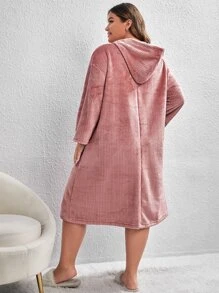 Plus Drop Shoulder Hooded Flannel Nightdress - Dusty Pink - View 2