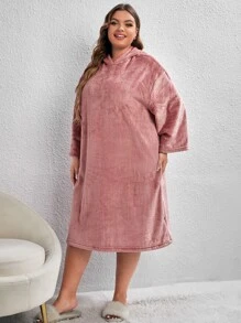 Plus Drop Shoulder Hooded Flannel Nightdress - Dusty Pink - View 5