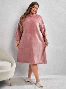 Plus Drop Shoulder Hooded Flannel Nightdress - Dusty Pink - View 3