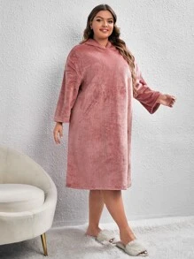 Plus Drop Shoulder Hooded Flannel Nightdress - Dusty Pink - View 1