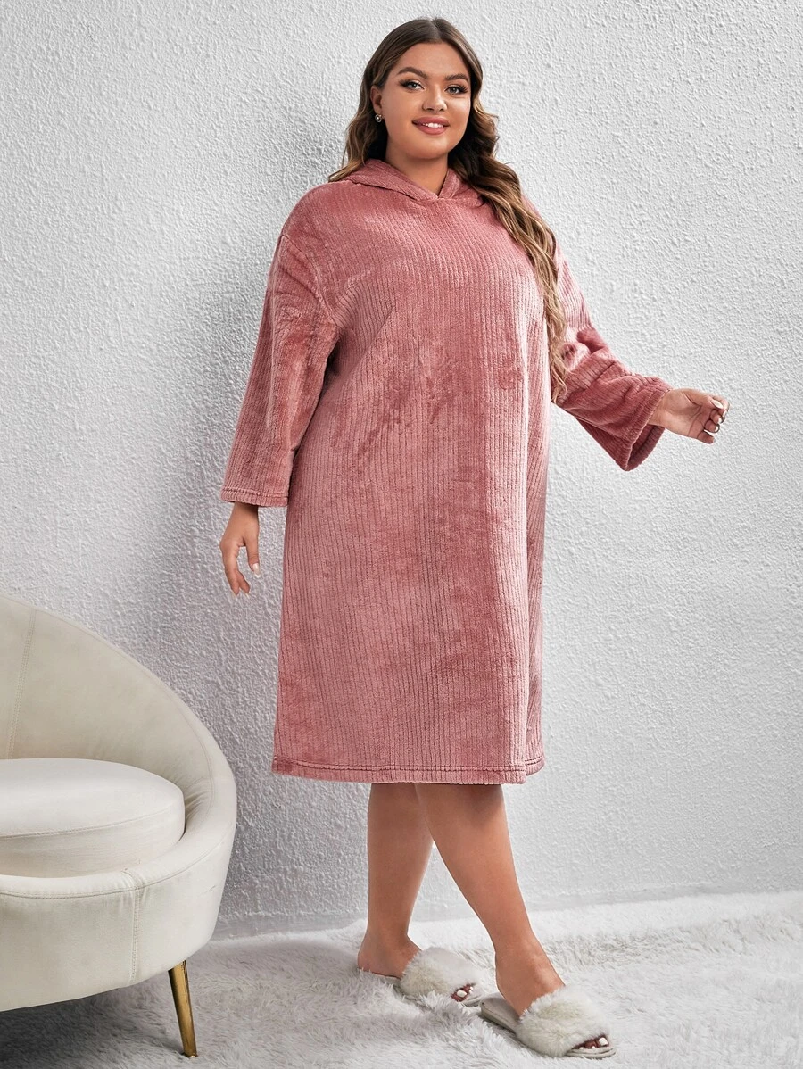 Plus Drop Shoulder Hooded Flannel Nightdress - Dusty Pink - View 1