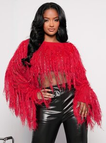 SHEIN SXY Áo len nữ mép màu trơn Hấp dẫn - Đỏ - Xem 4