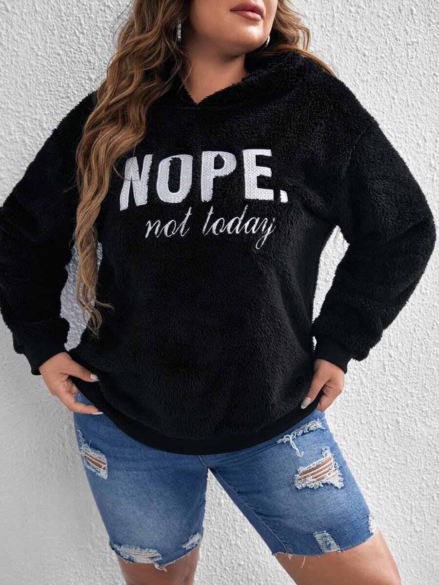 SHEIN EZwear Plus Slogan Embroidery Drop Shoulder Teddy Hoodie - Black - View 1