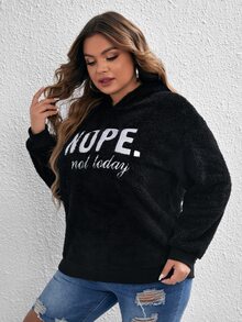 SHEIN EZwear Plus Slogan Embroidery Drop Shoulder Teddy Hoodie - Black - View 3