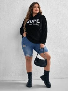 SHEIN EZwear Plus Slogan Embroidery Drop Shoulder Teddy Hoodie - Black - View 4