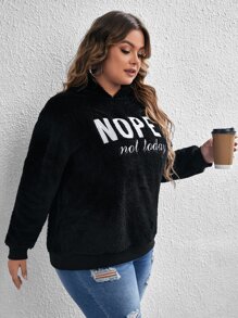 SHEIN EZwear Plus Slogan Embroidery Drop Shoulder Teddy Hoodie - Black - View 5