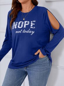 SHEIN Unity Plus Slogan Graphic Cut Out Shoulder Tee - Blue - View 1