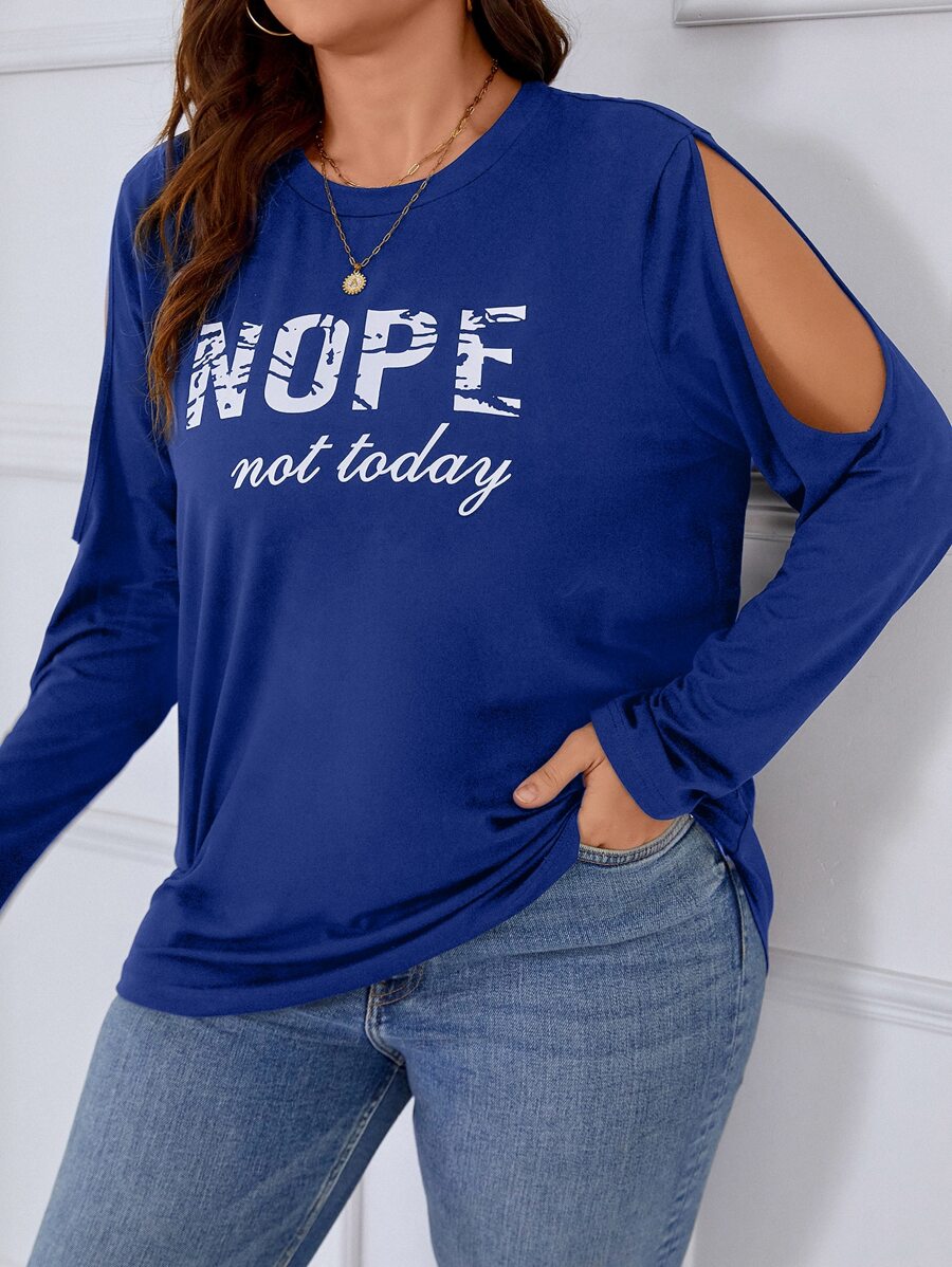 SHEIN Unity Plus Slogan Graphic Cut Out Shoulder Tee - Blue - View 1