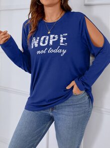 SHEIN Unity Plus Slogan Graphic Cut Out Shoulder Tee - Blue - View 3