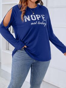 SHEIN Unity Plus Slogan Graphic Cut Out Shoulder Tee - Blue - View 4