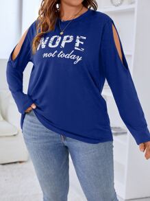 SHEIN Unity Plus Slogan Graphic Cut Out Shoulder Tee - Blue - View 5