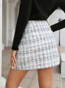 SHEIN Frenchy 高腰格紋單排釦粗花呢半身裙 - 黑與白 - 查看 2