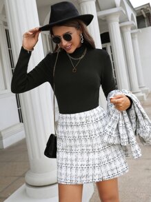 SHEIN Frenchy 高腰格紋單排釦粗花呢半身裙 - 黑與白 - 查看 3