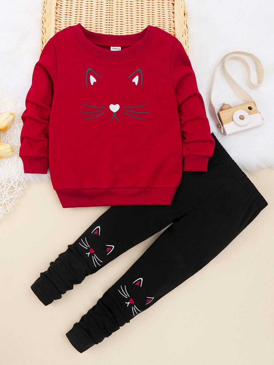 SHEIN 2pcs/Set Young Girl Cat Print Sweatshirt & Pants Casual Outfit, Autumn Winter